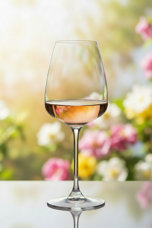 Clear wine glass with pinkish liquid on a white background