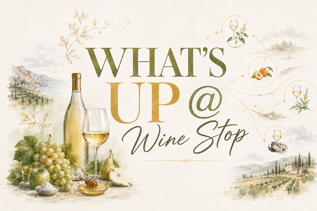 Blog logo: A wine bottle and a wine glass. Text: What's Up @ Wine Stop.