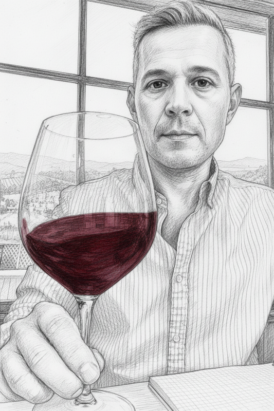 A black and white pencil sketch of a man holding a glass of red wine, wearing a striped button-down shirt, with a window and outdoor landscape in the background.