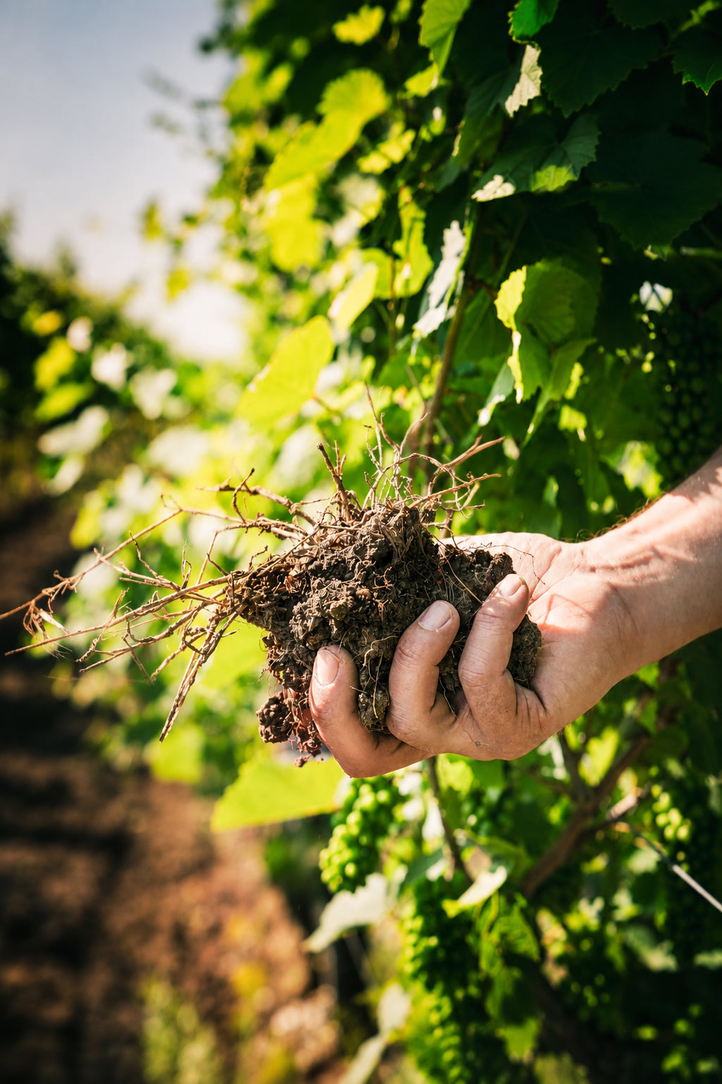 Hand holding a bundle of young plants with roots, surrounded by green foliage.