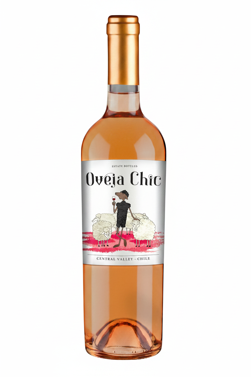 A bottle of Oveja Chic rosé wine with a white label featuring a black and pink illustration of a woman with sheep, set against a plain white background.