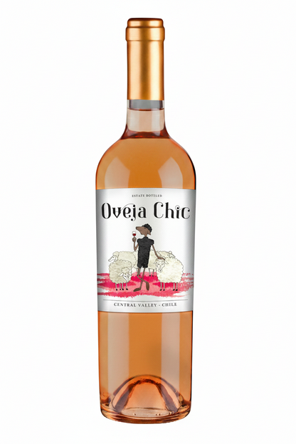 A bottle of Oveja Chic rosé wine with a white label featuring a black and pink illustration of a woman with sheep, set against a plain white background.