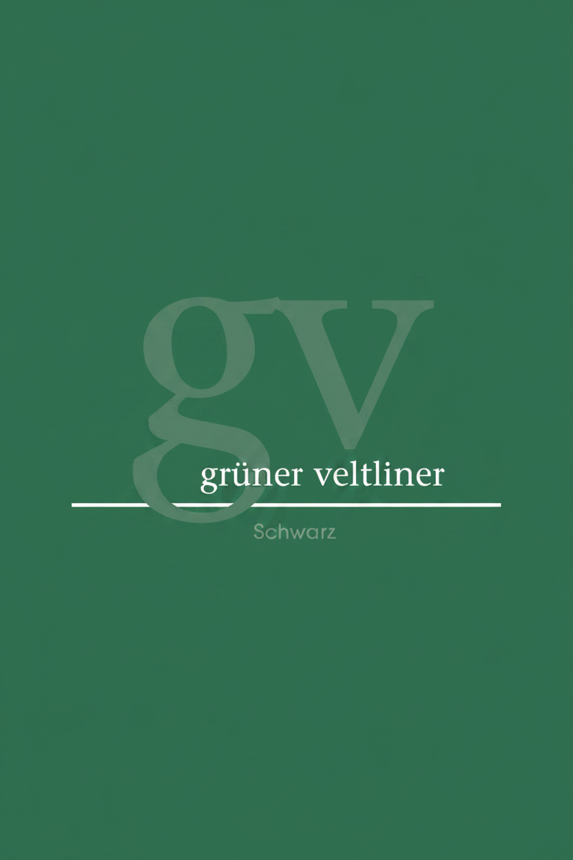 A dark green graphic with a large faded 'gv' monogram, the white text 'grüner veltliner', and 'Schwarz' at the bottom, indicating a black Austrian wine variant.