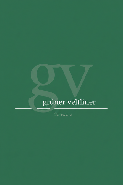 A dark green graphic with a large faded 'gv' monogram, the white text 'grüner veltliner', and 'Schwarz' at the bottom, indicating a black Austrian wine variant.